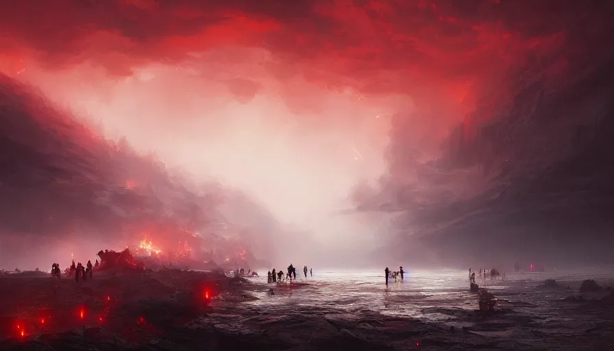 Image similar to bloody river in hell, by greg rutkowski, people walking into the horizon, red river, dragon flying in sky, thunderstorm, trending on artstation