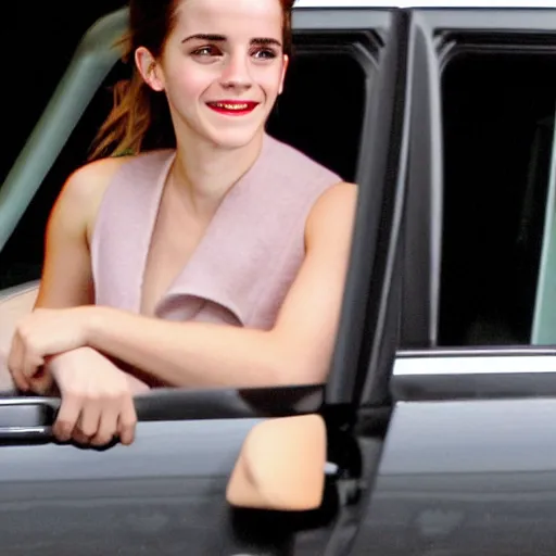 Prompt: emma watson unapologetically grinning, seen from a car window, paparazzi photo, tabloid, flash photography