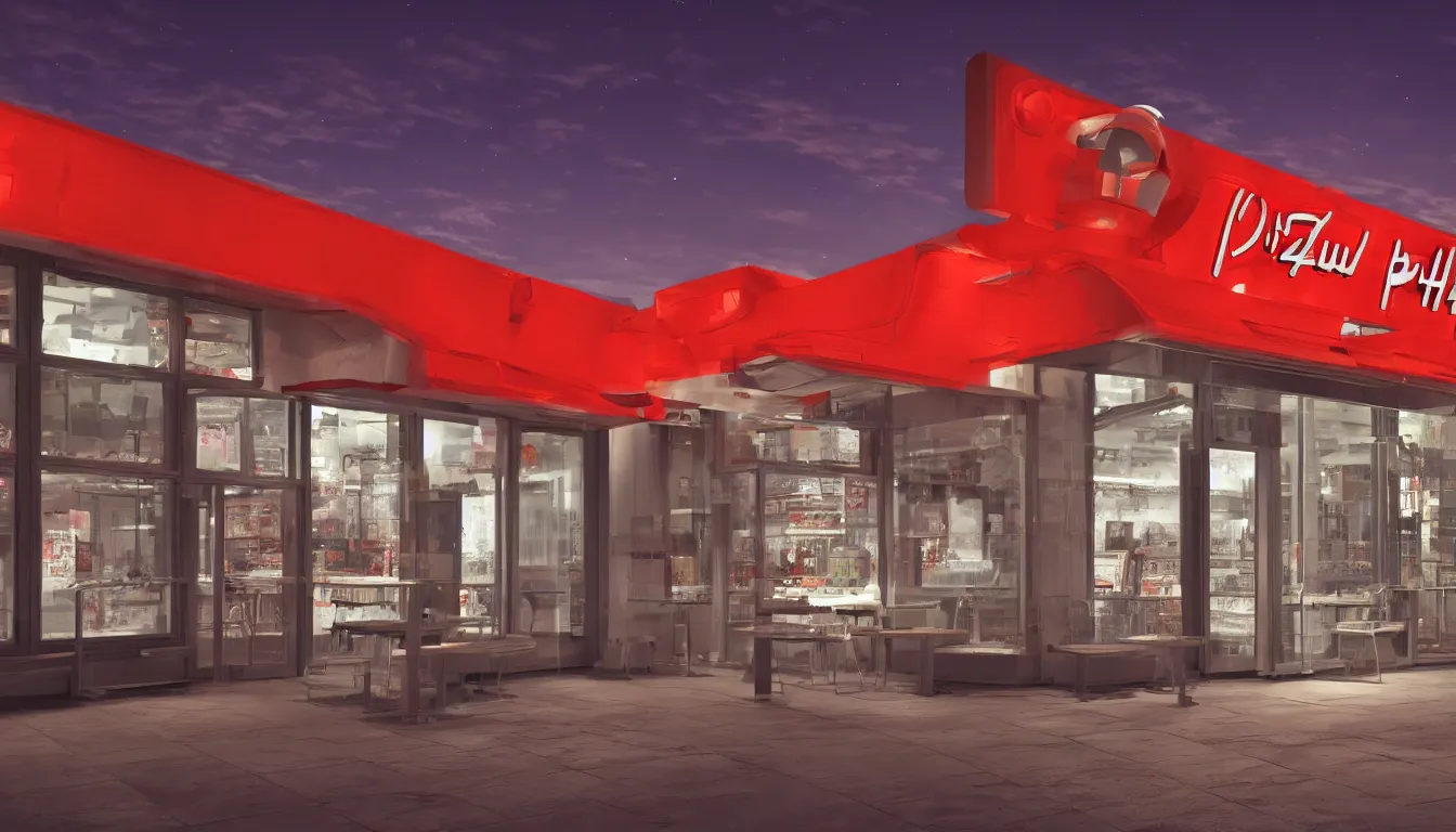 Image similar to futuristic Pizza Hut at night, view from outside, photorealistic