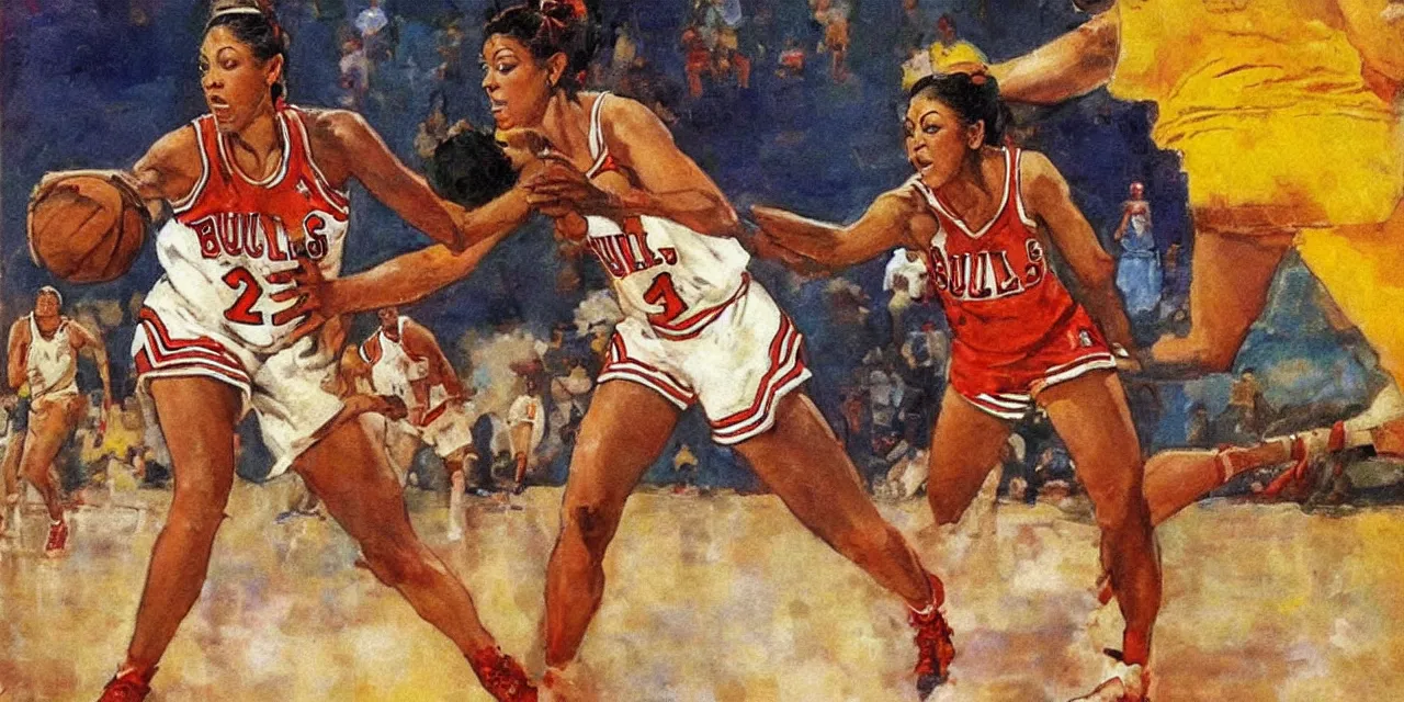 Prompt: candace parker playing basketball in a chicago bulls jersey art by frank frazetta, wide angle view,