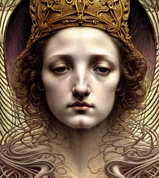 Image similar to detailed realistic beautiful young medieval queen of jupiter face portrait by jean delville, gustave dore and marco mazzoni, art nouveau, symbolist, visionary, gothic, pre - raphaelite. horizontal symmetry by zdzisław beksinski, iris van herpen, raymond swanland and alphonse mucha. highly detailed, hyper - real, beautiful