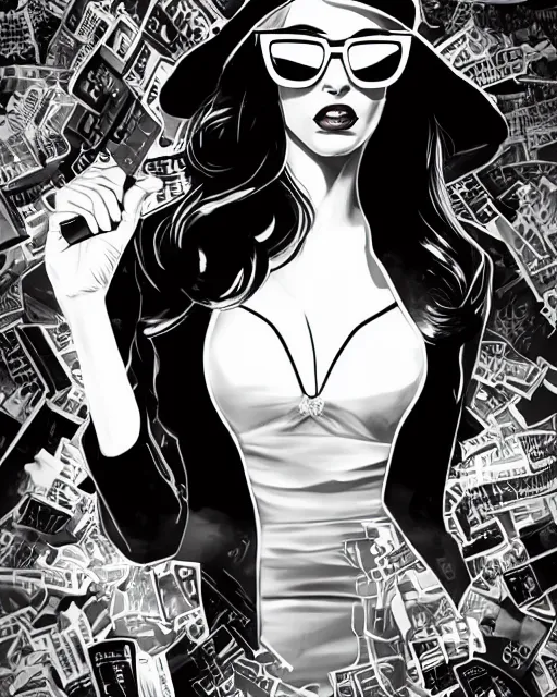 Prompt: dream of a film still from sin city, closeup portrait of film noir angry megan fox private detective wearing a hat and sunglasses, china town, glamour pose, detailed illustration, digital art, trending on artstation, dan mumford, patrick nagel, yoshitaka amano, graffiti, gta v,