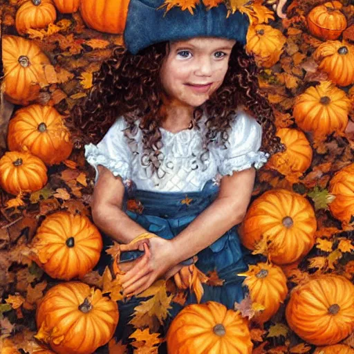 Image similar to a cute little girl with light brown wavy curly hair and blue eyes sitting amidst piles of pumpkins. beautiful cute highly detailed face. she is wearing a crown of autumn leaves. autumn and fall and halloween themed painting by artgerm and greg rutkowski and raymond swanland.