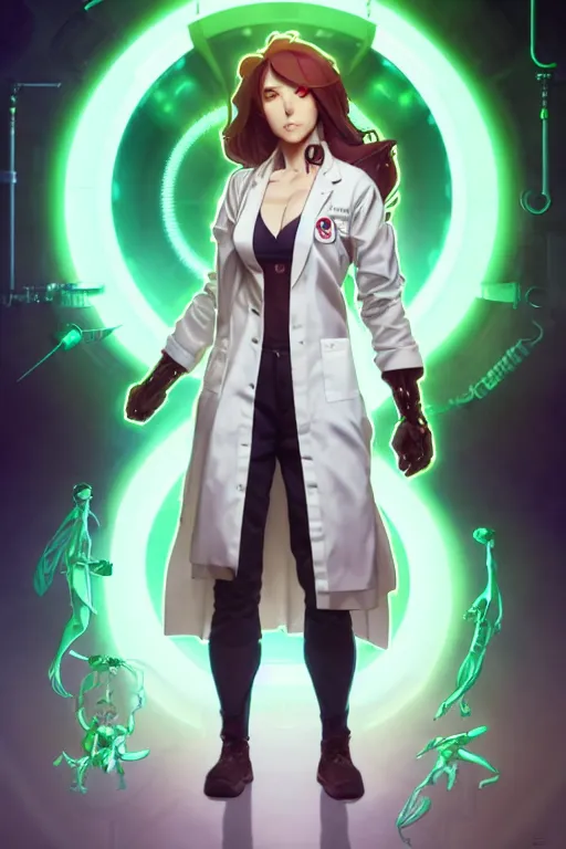 Image similar to a full body character design by artgerm, cushart krenz, greg rutkowski and alphonse mucha. mad scientist woman lab coat!! green plasma cyborg body!! symmetrical gear background, face sharp edges. ultra clear detailed. 8 k. ultra detailed, elegant, intricate, octane render.