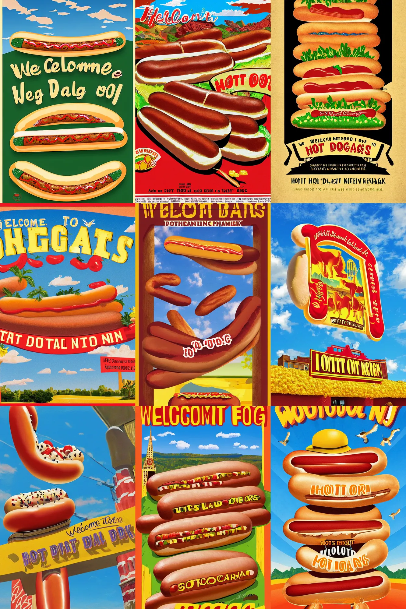 Prompt: welcome to hot dog national park tourism poster hot dogs buns butter toasted mounted yummy digital art