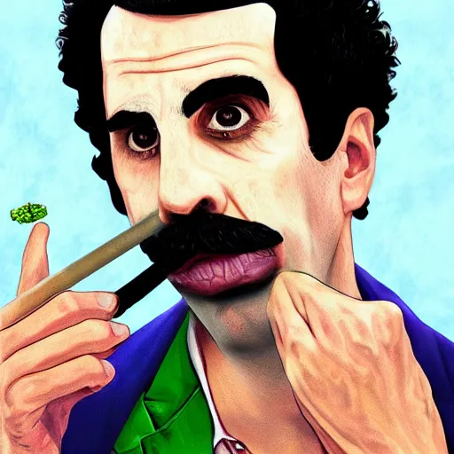 Image similar to Sacha Baron Cohen as borat smoking a giant rolled cannabis cigarette, caricature, smoke, amazing detail, digital art, artstation