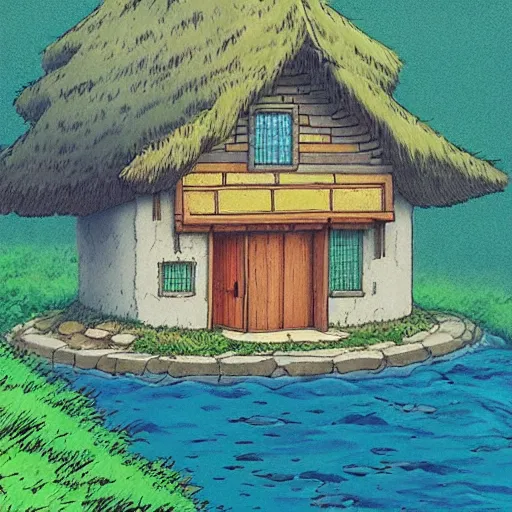 Prompt: studio ghibli hermit cottage by Hayao Miyazaki