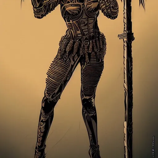 Image similar to a beautiful warrior woman with tan skin and dark hair wearing black catsuit covered by modern plates of body armour, she is holding a long staff, intricate, elegant, highly detailed, detailed face, smooth, sharp focus, high contrast, graphic novel, art by laurie greasley,