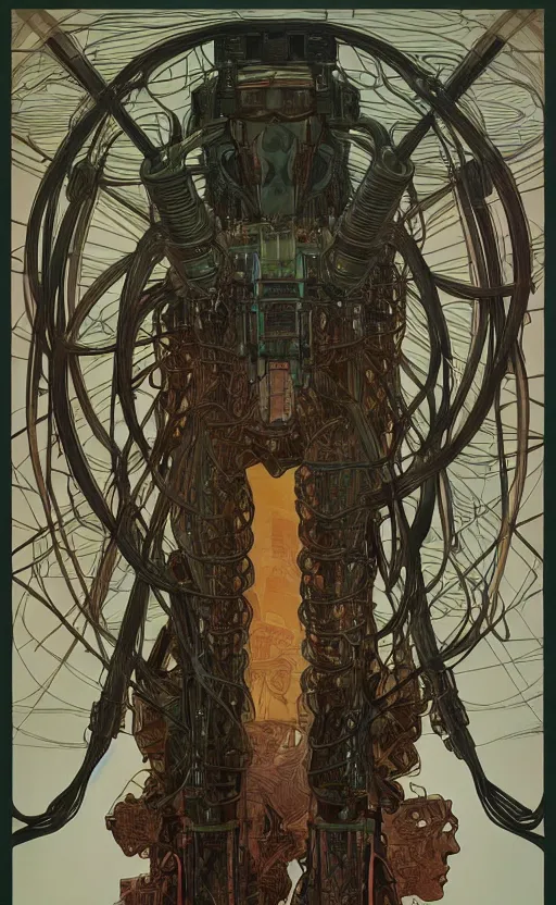 Prompt: upper half portrait of army mecha robot - wires and vines as poster design borders, art by alphonse mucha & zdzisaw beksinski, highly detailed, digital painting, concept art, illustration, smooth sharp focus, intricate, symmetry, artstation, colourful,