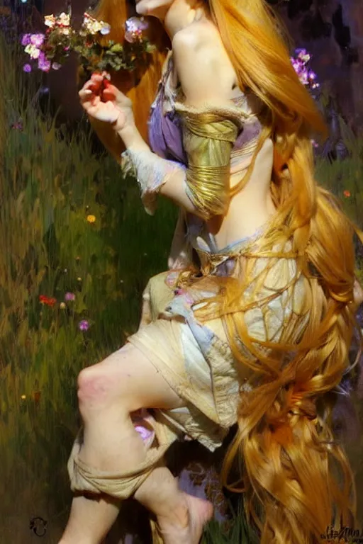 Image similar to rapunzel gold hair, painting by daniel gerhartz, alphonse mucha, detailed art, artstation