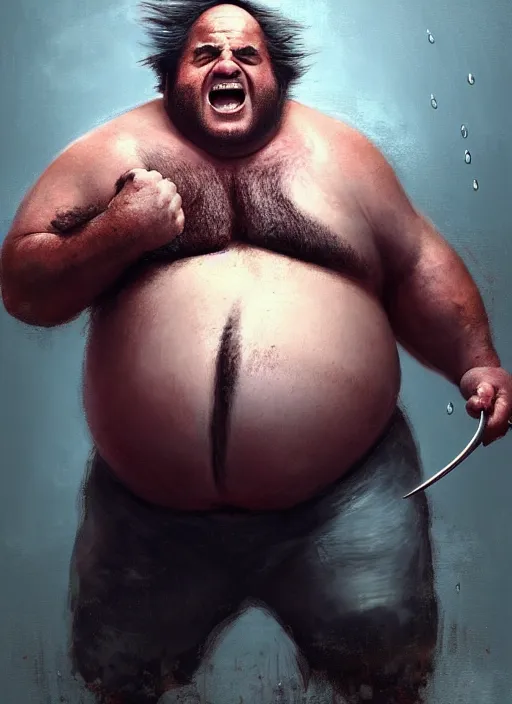 Image similar to Portrait of Fat Danny Devito with his belly sticking out as The Wolverine (2013), Hes screaming at the rain in the middle of the night road on his knees, He has Wolverine Claws, realistic, detailed, 4k by Greg Rutkowski Mark Arian trending on artstation