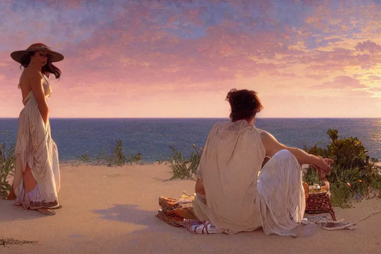 Image similar to a matte painting of a man watching the sunset wife his girlfriend by the beach, by greg rutkowski, by alphonse mucha, muted colors