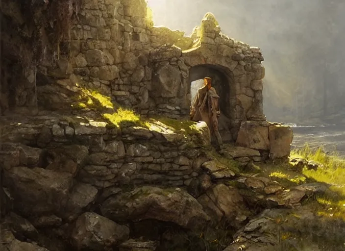 Image similar to watercolor painting of exploring rocky castle ruins, stone walls, very beautiful ambient lighting, sun rays, dust, art by anders zorn, wonderful masterpiece by greg rutkowski, cinematic light, american romanticism by greg manchess, creation by tyler edlin