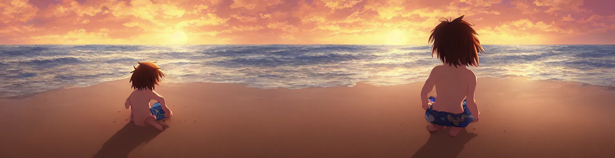 Image similar to beautiful, detailed digital painting of a brown-haired child playing on the beach and looking at the sunset, anime by Makoto Shinkai, sand, waves, trending on artstation