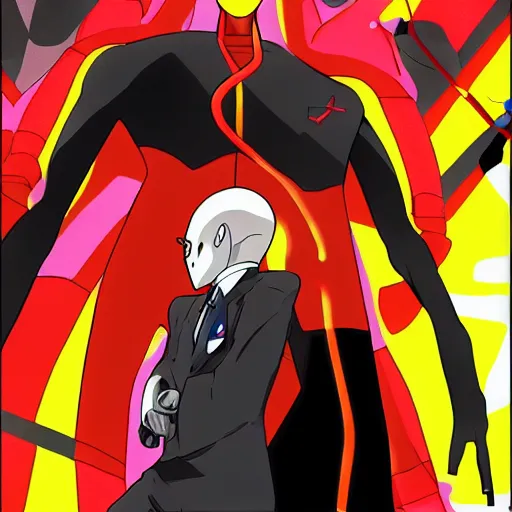 Prompt: Agent 47 in a scene from neon Genesis Evangelion, trending on pixiv, black ink, complex detail