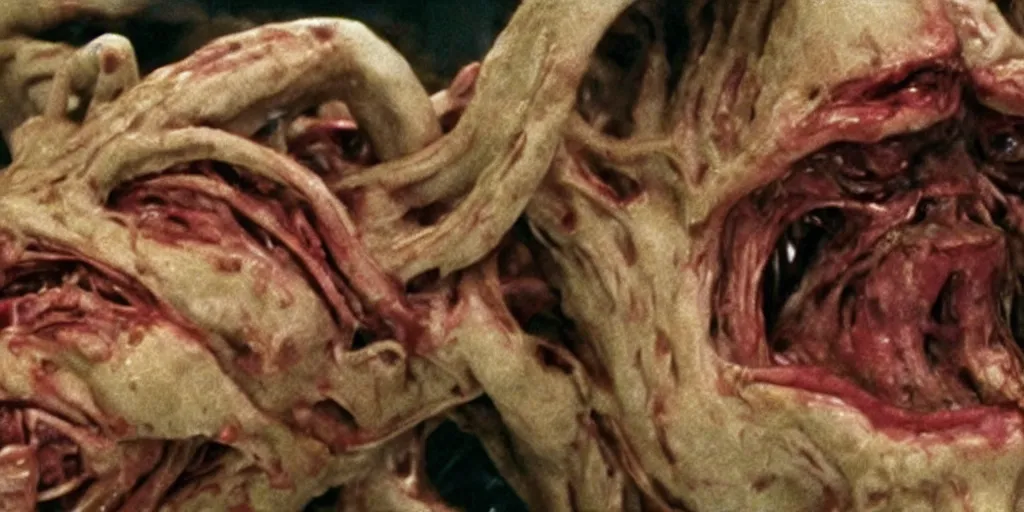 Image similar to filmic close up dutch angle movie still 35mm film color photograph of the snarling distorted human face of a mutated shape shifting organism made of human internal organs, disgusting dissected human tissue with a variety of grotesquely strewn together human and animal limbs, in the style of a horror film The Thing 1982