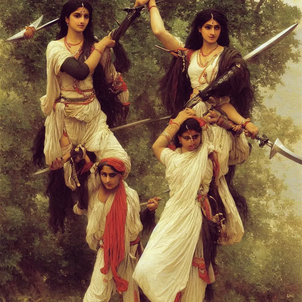 Image similar to an extremely beautiful female hindu warrior carrying swords, art by auguste toulmouche and bouguereau