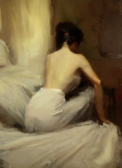 Prompt: beautiful portrait painting of an elegant victorian woman posing in an artistic pose over a bed, by jeremy mann, only one head single portrait