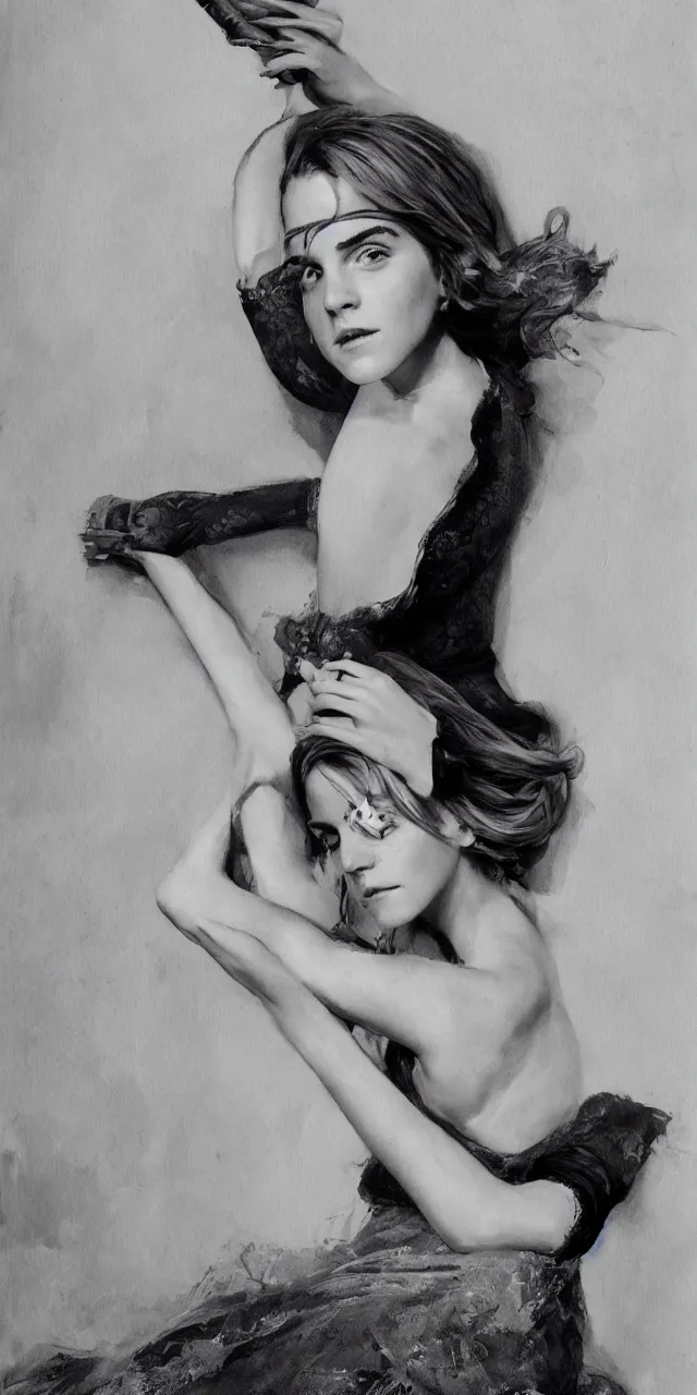 Prompt: portrait emma watson stretching southern belle greg rutkowski cecil beaton