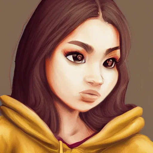 Image similar to young Latin girl with a beige hoodie, shy, focus on face, still, photograph, digital painting, trending on artstation, masterpiece, in the style of JB Casacop, pixar