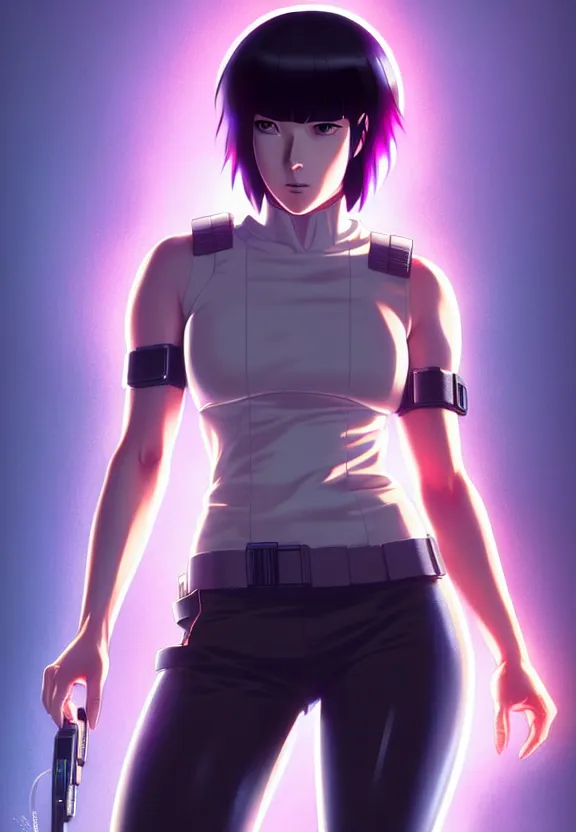 Image similar to a fullbody portrait of motoko kusanagi the major ghost in the shell : : connected to cables, under repairs, maintenance area, technicians : : by ilya kuvshinov, rossdraws, artgerm, sola digital arts, anti aliasing, raytracing : :