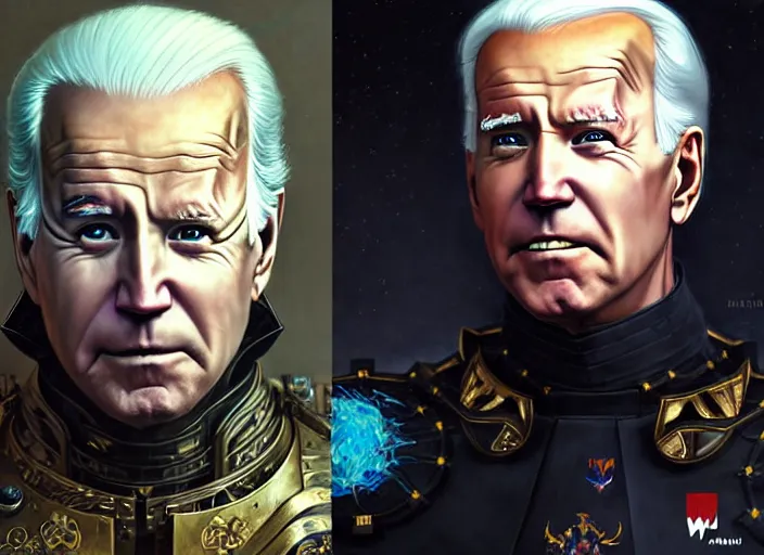 Image similar to portrait of joe biden goth cyborg with white hair in warhammer armor, art by kuvshinov ilya and wayne barlowe and gustav klimt and artgerm and wlop and william - adolphe bouguereau