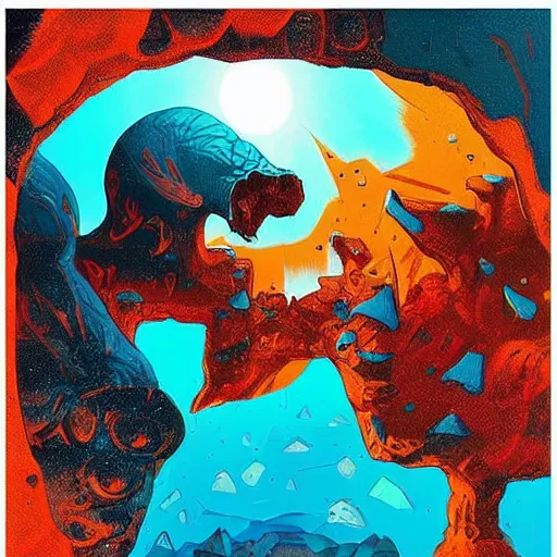 Prompt: art found in a cave on an alien planet, unique, strange, geometric, intricate details, bold warm colours, 2 d matte, graphic novel, art by pepe larraz,