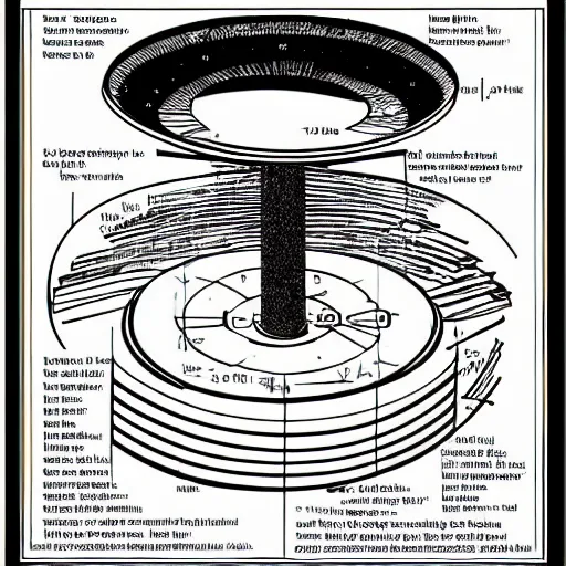 Image similar to exploded diagram of a simple time machine. black and white textbook diagram how to guide.