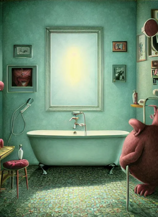 Prompt: highly detailed wide - angle portrait of a retro 1 9 6 0 s bathroom, nicoletta ceccoli, mark ryden, lostfish, earl nore, hyung tae, frank frazetta, global illumination, god rays, detailed and intricate environment