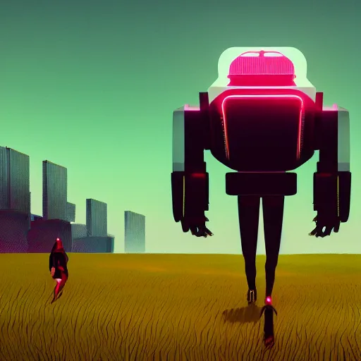 Image similar to a graph - style woman walking across a lush green field, a huge robot head in front of her, cyberpunk art by by james gilleard, cgsociety, retrofuturism, synthwave, retrowave, outrun