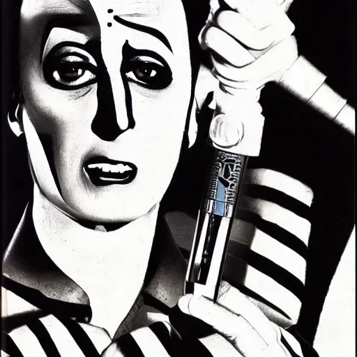 Image similar to a high quality product photo ad of klaus nomi with a technical reed rollerball pen exacto knife by junji ito