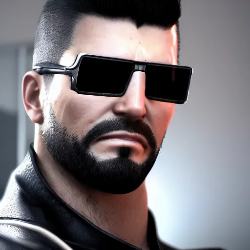 Image similar to Adam Jensen from Deus Ex as Gigachad, Octane Render, Unreal Engine 5, transhumanist, high contrast, extremely-detailed, Raytracing, Renaissance lighting, trending on ArtStation