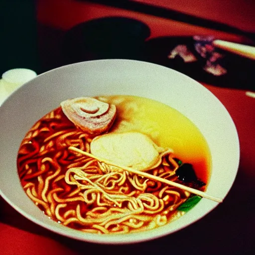 Prompt: A bowl of ramen cooked by Tadanori Yokoo, 35mm film