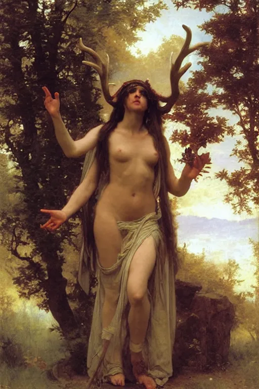 Image similar to druid shaman with antlers, bouguereau