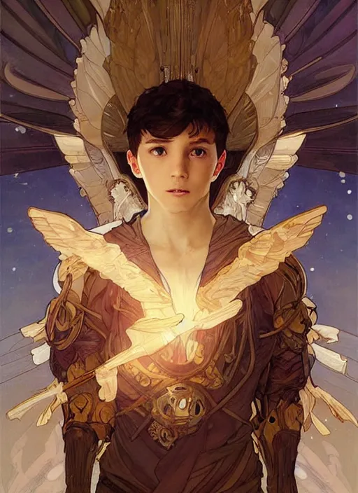 Image similar to digital character concept art by artgerm and greg rutkowski and alphonse mucha. portrait of a young 1 3 year old boy, a young god, icarus with mechanical bird wings, beautiful, holding a staff, detailed, poster art, light effect, glowing, hyper detail, intricate, elegant, digital painting, artstation, smooth, sharp focus