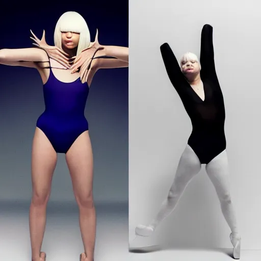 Image similar to sia furler wearing a skin colored leotard full body artistic photoshoot