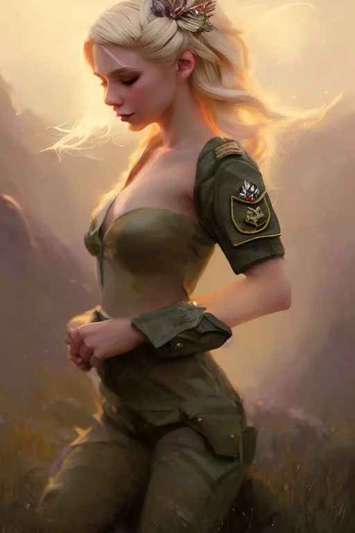 Image similar to cinematic shot of an epic portrait of a cute blonde fairy dressed in military clothes, stylised military clothes, shiny skin, beautiful eyes, beautiful, small details, night setting, realistic poster with volumetric light from craig mallism, artgerm, jeremy lipkin and michael garmash, unreal engine, radiant light, digital art, trends at art station, a masterpiece