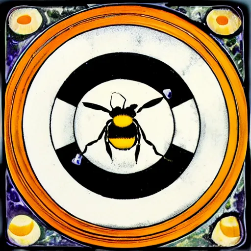 Image similar to a dark ritual spell with a dead bumblebee at the middle of a bullseye of salt, art nouveau