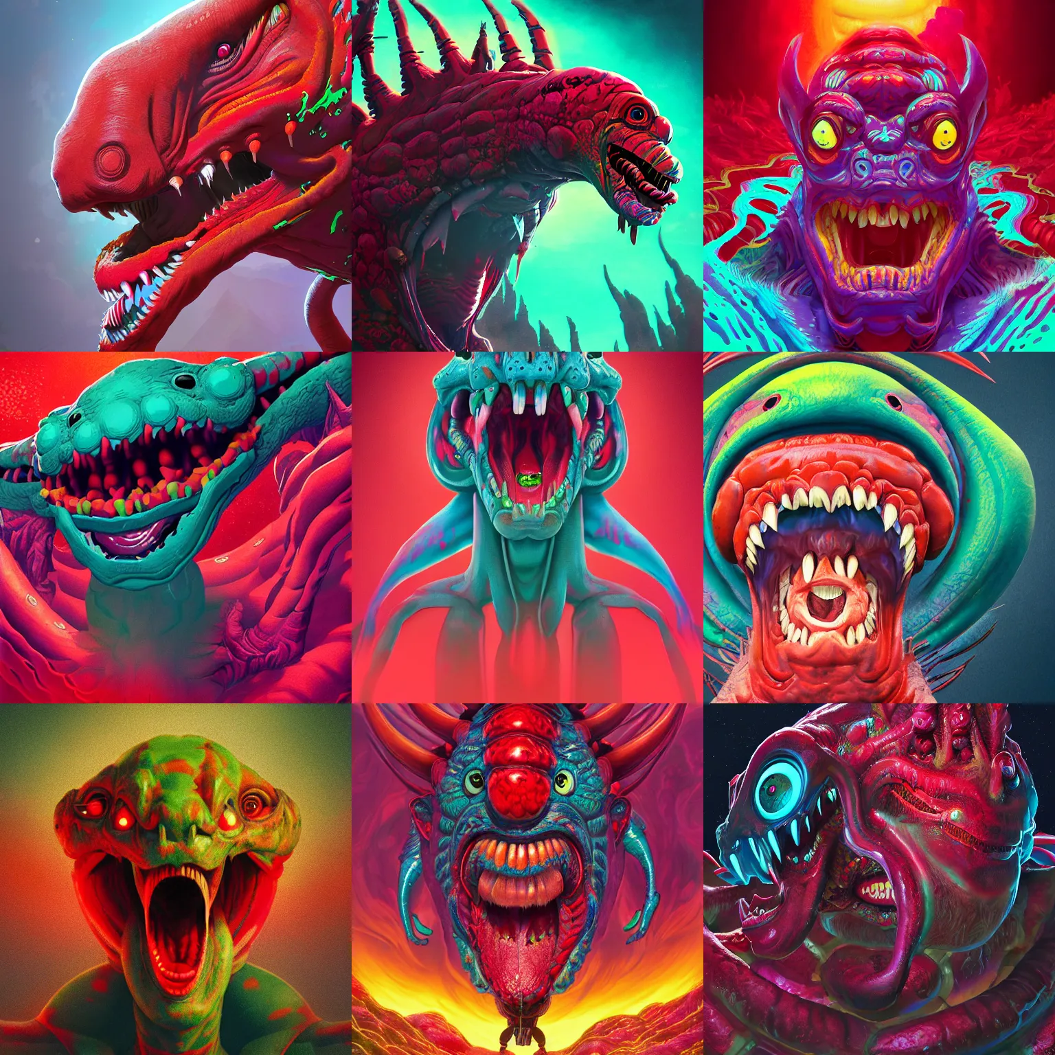 Prompt: grotesque large alien, red tongue out, wide shot, hyperbeast design, multi colour, vibrant colors, smooth art, digital art, octane renderer, artstation, studio ghibli