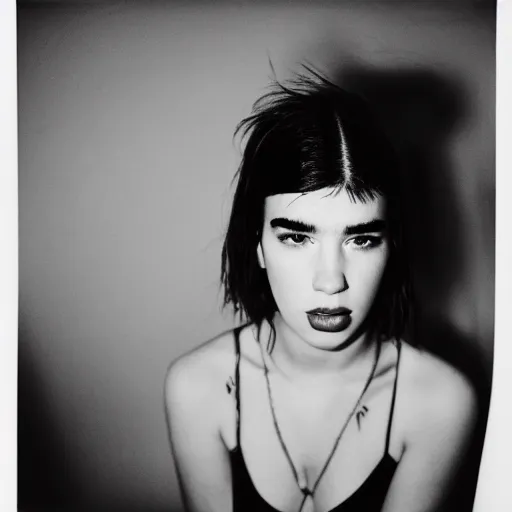 Image similar to photo of Dua Lipa by Diane Arbus, black and white, high contrast, Rolleiflex, 55mm f/4 lens