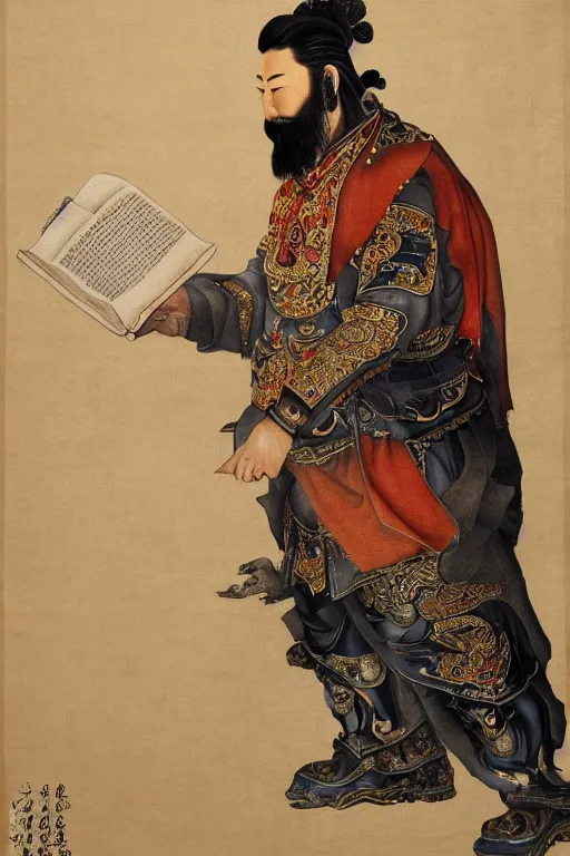 Prompt: A hyper realistic full body portrait of majestic guan yu sits and read a book, defined features, by gu kaizhi, wu daozi, 8k, HD, gigapixel, portrait art, symmetrical composition, realistic proportions, ink and colored pigments on silk, sharpness applied, hyperrealism