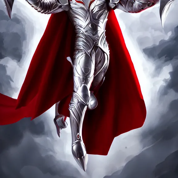 Image similar to cinematic full body shot of a male angel flying, white metallic armor, red cape, elegant pose, detailed arms, detailed white armor, two arms, two legs, detailed fanart, rpg art, d&d art, macro art, digital art, DeviantArt, artstation, 8k HD