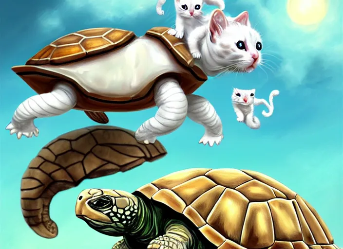 Image similar to white kittens riding giant turtles, battalion, digital oil painting, trending on artstation