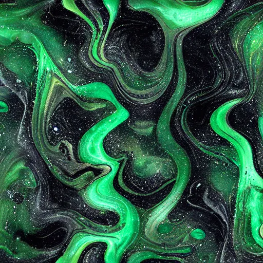 Image similar to beautiful liquid marble texture with oil bubbles and twirls. harmonic black and green tones coloured galaxy abstraction. ultradetailed realistic art