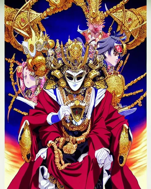 Image similar to The masked emperor giving a speech to a very large crowd of people. He has very ornate clothing and a mask || VERY VERY ANIME!!!, realistic shaded fine details. Anime. realistic shaded lighting poster by katsuhiro otomo, ghost-in-the-shell, ayami kojima