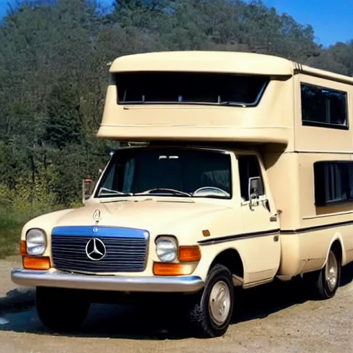 Image similar to a 1971 beige mercedes 508d truck that has been converted into an rv