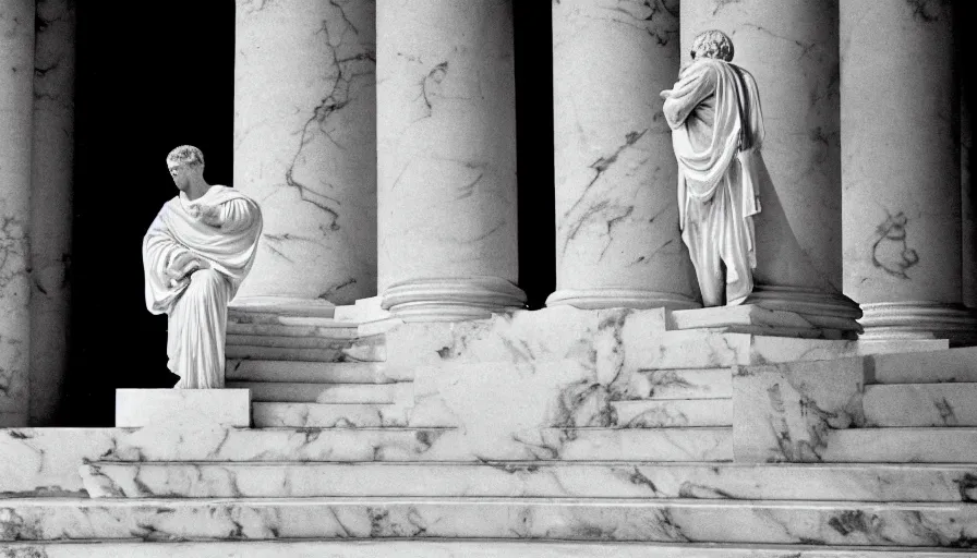 Prompt: 1 9 6 0 s movie still close - up of caligula in white toga heavy bleeding on marble stairs, cinestill 8 0 0 t 3 5 mm, high quality, heavy grain, high detail, dramatic light, anamorphic, detailed beard