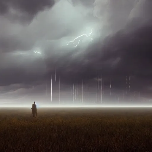 Image similar to plains, dusk, stormy overcast, octane render, cinematic, trending on artstation, elegant, intricate, style by Simon Stålenhag, 8k