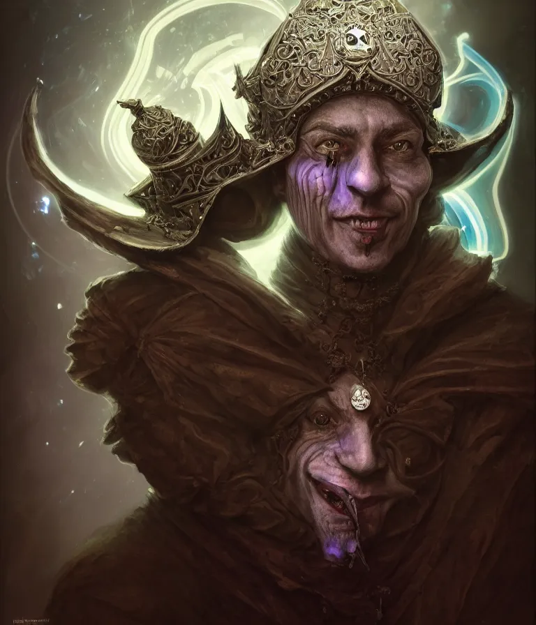 Image similar to front!!! shot of a court jester!!! character, hyperdimensional, bioluminescent hypercubes, dark holography!!!, future, chrome, (((intricate))), elegant, highly detailed, centered, (((artstation, concept art, smooth, sharp focus, artgerm, Tomasz Alen Kopera, Peter Mohrbacher, donato giancola, Joseph Christian Leyendecker, WLOP, Boris Vallejo))), ((raytracing)), mugshot!!!!!, ugly!!!!!!, octane render, nvidia raytracing demo, octane render, nvidia raytracing demo, octane render, nvidia raytracing demo, grainy, muted, 8K, digitalblasphemy, metatron