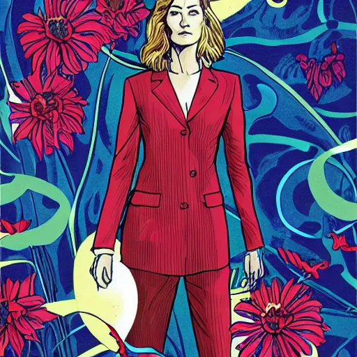 Prompt: rosamund pike as the doctor, dark - hair, wearing a floral pattern suit, bold complementary colours, 2 d matte, graphic novel, art by pepe larraz,